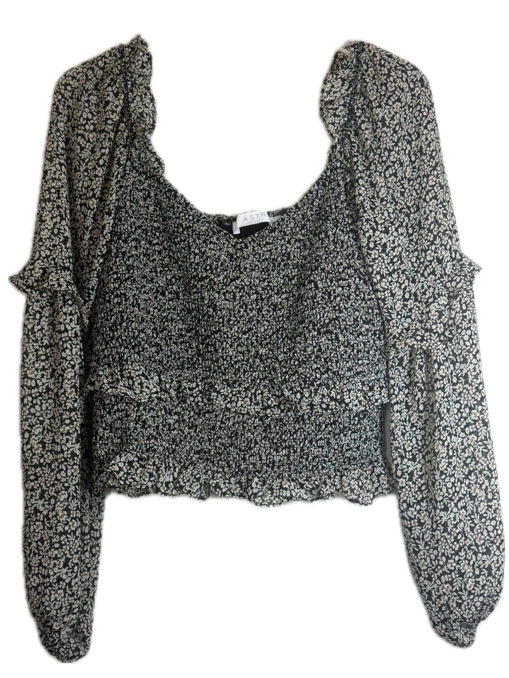 ASTR The Label Disty Floral Smocked Long Sleeve Crop Top
